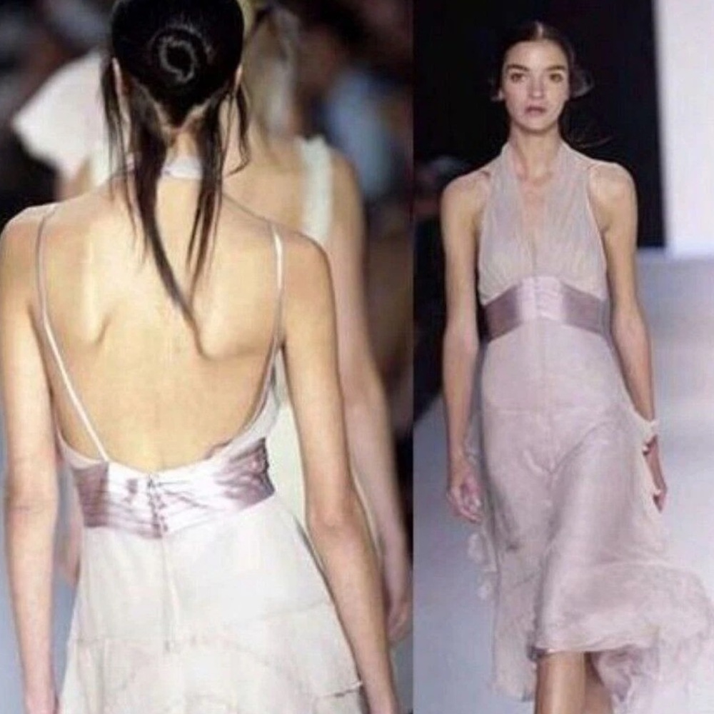 BCBG COLLECTION RunwayS/S 2003 Coral Pink Silk Tiered Halter Backless Midi Dress